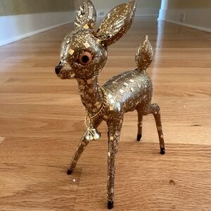 Vintage Gold Glitter Hard Plastic Deer Reindeer with Bell